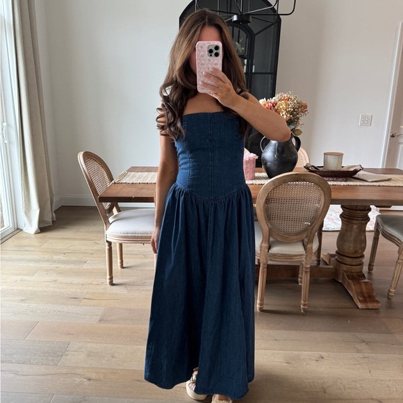 ZARA Strapless Denim Basque Waist Midi Dress - Picture 3 of 7